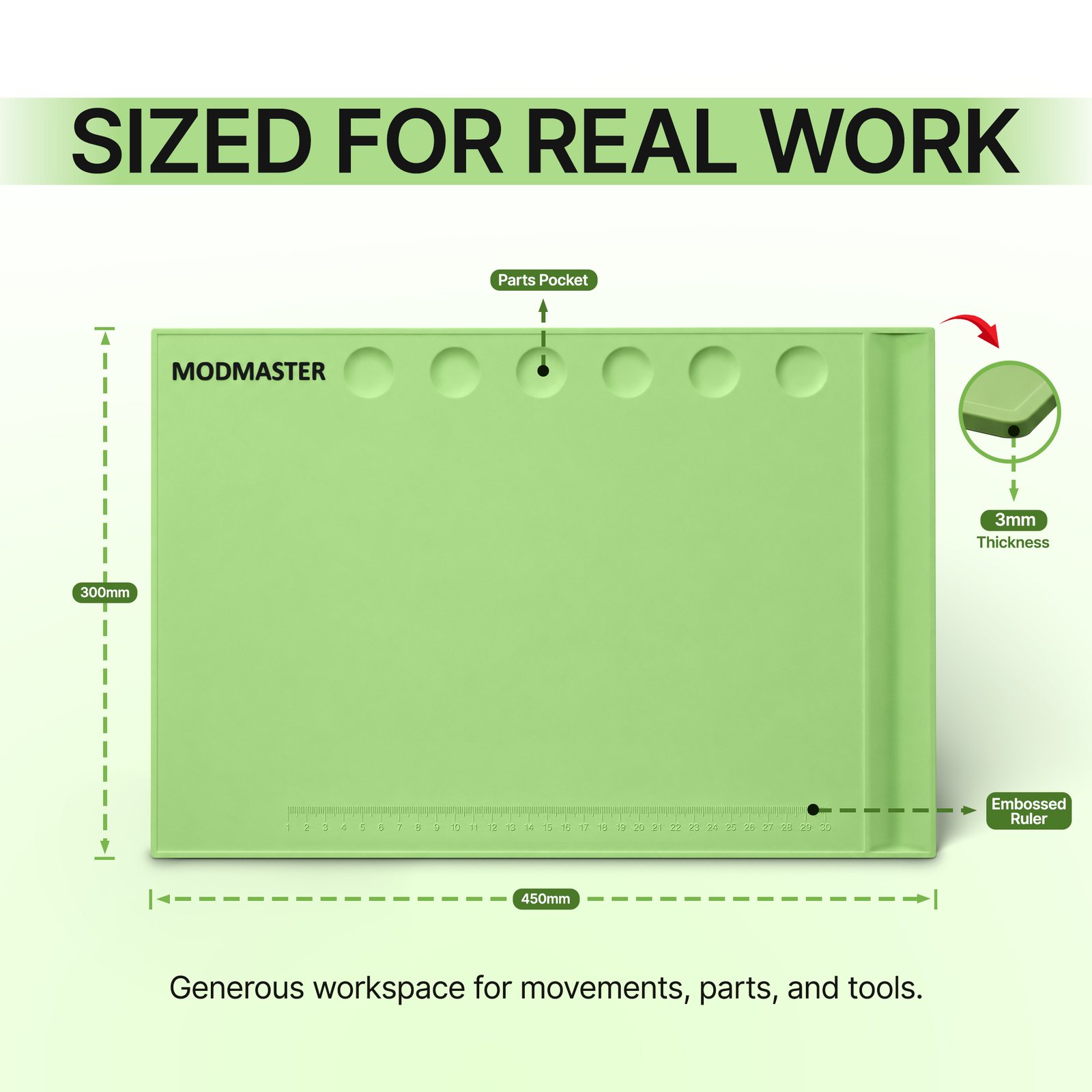 Dimension diagram showing the 450 x 300 mm size and 3 mm thickness