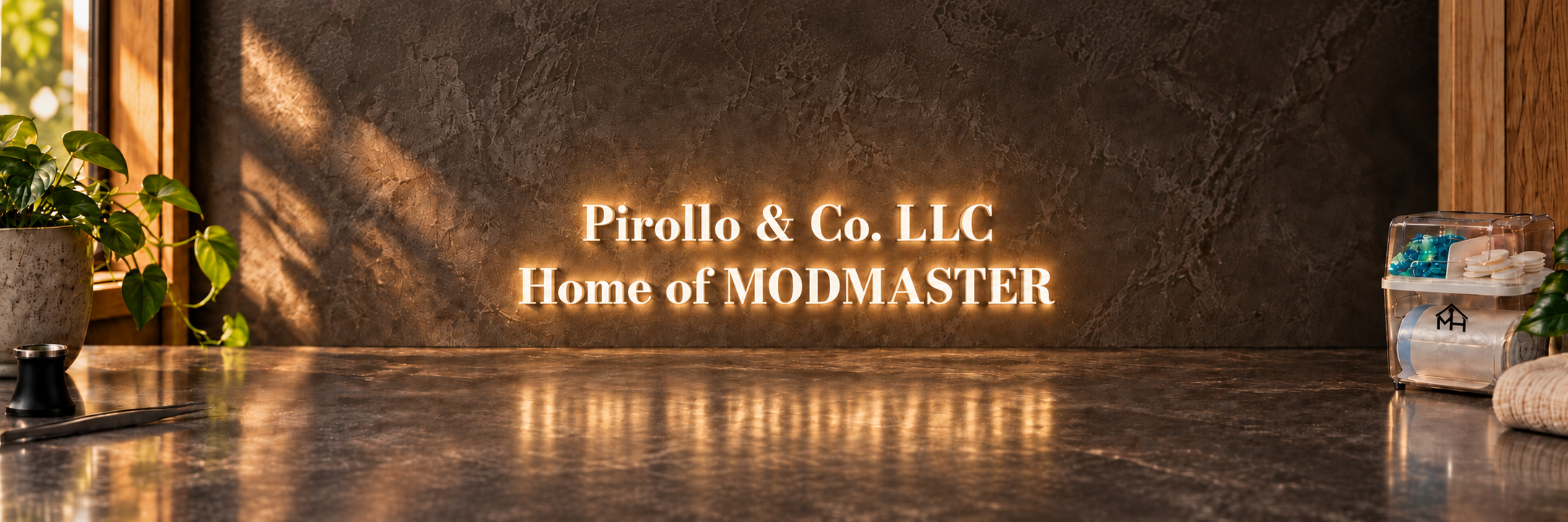 Warm studio scene with Pirollo & Co. LLC, Home of MODMASTER, on the wall and the MHome organizer on a counter